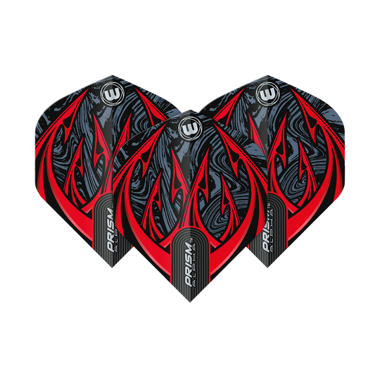 6915-195_Winmau_Prism_Alpha_Diablo_Standard_Flights_15Gks1Dq7YcvHW Das Bild zeigt drei Winmau Prism Alpha Diablo Standard Flights. Sie haben ein auffälliges Design in Schwarz, Rot und Grau mit modernen Mustern.