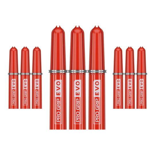 Das Bild zeigt neun rote Ersatztops des Produkts "Target Pro Grip EVO" im 9er Pack. Die Aufschrift "PRO GRIP EVO" ist deutlich auf jedem Top zu sehen.