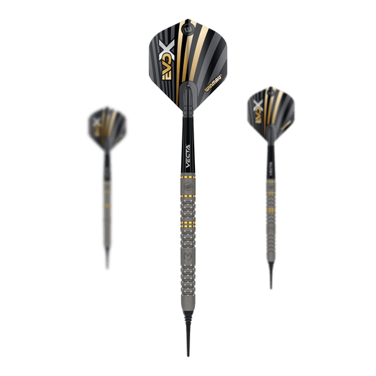 Das Bild zeigt drei Winmau Michael Van Gerwen Evo-X Softdarts mit einem Gewicht von 20g. Die Darts haben ein modernes Design mit schwarzen, goldenen und silbernen Akzenten.