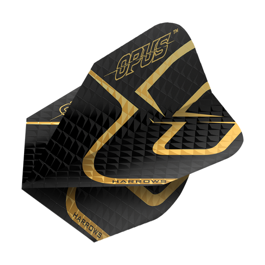 Das Bild zeigt das Produkt "Harrows Opus Version 2 Flights". Die Flights sind überwiegend schwarz mit goldenen Akzenten und Aufschrift.