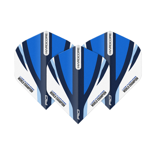 Das Bild zeigt drei Dartflights in Blau, Weiß und Schwarz mit der Aufschrift „HARDCORE“ und „Luke Humphries World Champion“. Es handelt sich um das Produkt „Red Dragon Hardcore Luke Humphries Blue White Standard Flights“.