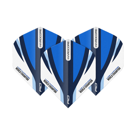 Red Dragon Hardcore Luke Humphries Blue White Standard Flights Das Bild zeigt drei Dartflights in Blau, Weiß und Schwarz mit der Aufschrift „HARDCORE“ und „Luke Humphries World Champion“. Es handelt sich um das Produkt „Red Dragon Hardcore Luke Humphries Blue White Standard Flights“.