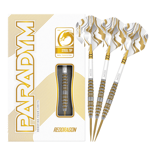 Red Dragon Paradym Gold Torpedo Steel Darts Das Bild zeigt die Red Dragon Paradym Gold Torpedo Steeldarts in vollständiger Ansicht. Es sind elegante Steeldarts mit goldener Oberfläche.