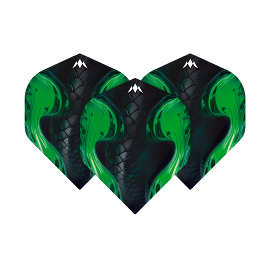 Auf dem Bild sind drei Mission Solo Venom No2 Standard Flights zu sehen. Sie haben ein schwarzes Design mit auffälligen grünen Schlangenmuster-Elementen.