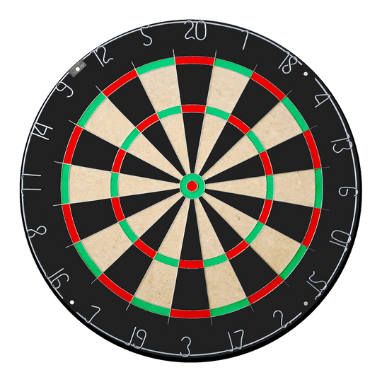 Abgebildet ist das Karella Dartboard BullOut Set mit zwei Sätzen Steeldarts. Das Produkt ist perfekt für Darts-Fans und beinhaltet ein Dartboard sowie Steeldarts.