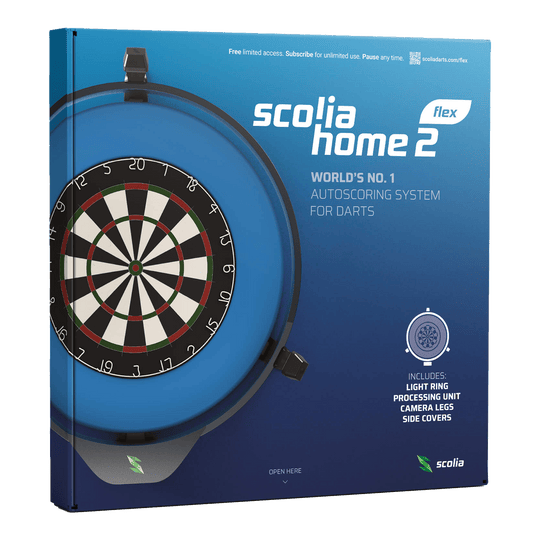 Die Verpackung zeigt das Produkt "Scolia Home 2 FLEX", ein elektronisches Punktesystem für Darts mit Beleuchtungsring. Auf der Vorderseite sind eine Abbildung eines Dartboards und Informationen zu den enthaltenen Komponenten zu sehen.
