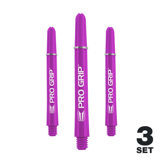 Target Pro Grip Shafts - 3 Sets - Purple Das Bild zeigt drei lila Dartschäfte der Marke "Pro Grip". In der rechten unteren Ecke steht "3 Set".