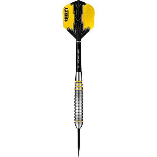 HA24490_Harrows_Dave_Chisnall_Chizzy_Brass_Steeldarts_1NlFaTHfX0zU4a Das Bild zeigt einen Harrows Dave Chisnall Chizzy Brass Steeldart. Der Dartpfeil hat gelb-schwarze Flights und einen silbernen Schaft mit gelben Akzenten.