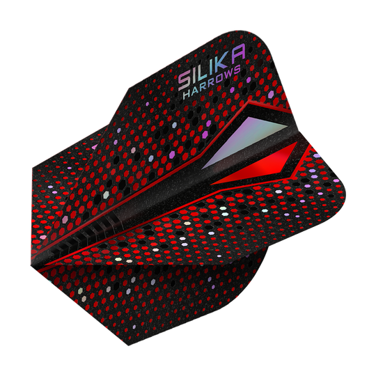 Das Bild zeigt das Produkt "Harrows Silika Colourshift Tough Crystalline Coating Red-X No6 Flights". Die Dart-Flights sind überwiegend schwarz mit roten und bunten Punkten und haben einen modernen, glänzenden Look.