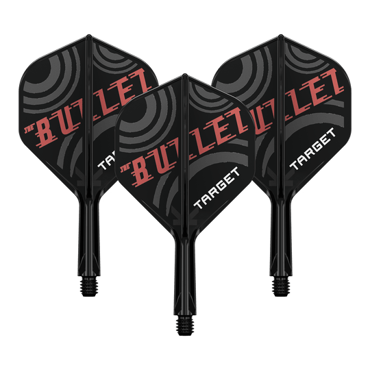 Target K-Flex Stephen Bunting No2 Standard Flight Shaft System Bild zeigt ein Dart-Flight Set mit der Bezeichnung 'Target K-Flex Stephen Bunting No2 Standard Flights 19mm 1Set'. Es ist ein Zubehör für Dartscheiben und Spieler.