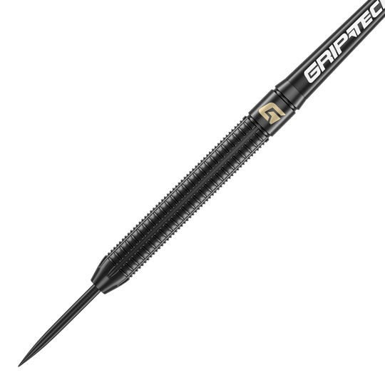 GOAT Athlete Black Brass Steeldarts - 13g Das Bild zeigt einen schwarzen Steeldart mit dem Namen "GOAT Athlete Black Brass Steeldarts - 13g". Der Dart hat eine geriffelte Oberfläche für besseren Halt und trägt den Schriftzug "GRIP-TEC".