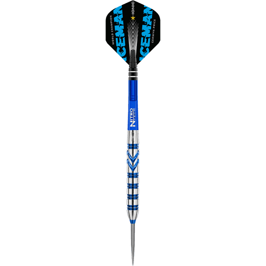 RD1890_Red_Dragon_Gerwyn_Price_Blue_90_Steeldarts_1YWaiOs2XZbjGX Das Bild zeigt einen Steeldart der Marke "Red Dragon Gerwyn Price Blue 90%". Der Dart ist überwiegend blau und silber, mit schwarzen Flights, auf denen „ICEMAN“ steht.