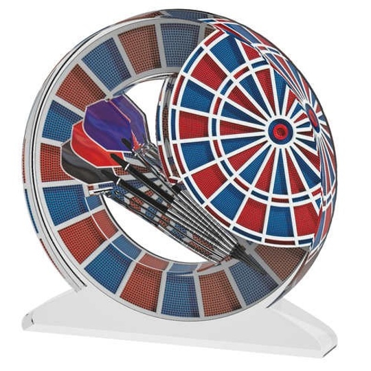 Acryl_Pokal Auf dem Bild ist eine Acryl-Trophäe für Softdart zu sehen. Die Trophäe zeigt eine bunte Dartscheibe und mehrere Dartpfeile auf einem weißen Standfuß.