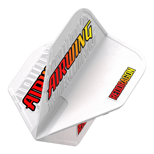 Das Bild zeigt das Produkt "Red Dragon Airwing Red Logo Standard Flights" für Darts. Die Flights sind weiß mit den auffälligen Schriftzügen "AIRWING" und "REDDRAGON" in rot und gelb.