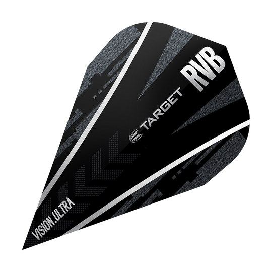 Das Bild zeigt das Produkt „Target Ultra Ghost RvB Vapor Flights“. Es handelt sich um ein schwarzes Dart-Flight mit silbernen und grauen Akzenten sowie der Aufschrift „TARGET RVB Vision Ultra“.