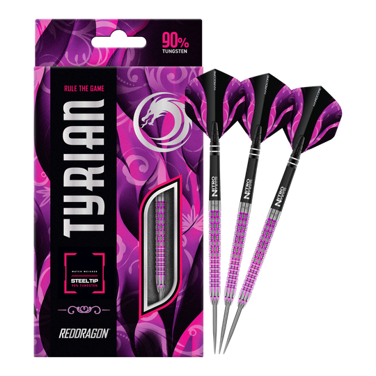 Red Dragon Tyrian Steeldarts Das Bild zeigt die Red Dragon Tyrian Steeldarts mit auffälligem lila und pinkem Design. Die Darts bestehen zu 90% aus Tungsten und sind in einer stilvollen Verpackung präsentiert.