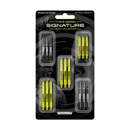 8125_Winmau_MvG_Signature_Shaft_Collection_1 Das Bild zeigt das Produkt "Winmau MvG Signature Shaft Collection". In der Verpackung sind mehrere gelbe und schwarze Dartschäfte angeordnet.