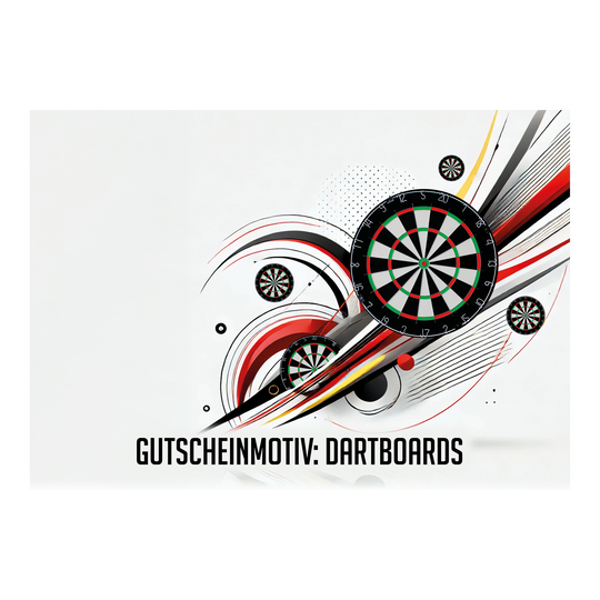 Voucher - Dartboards Das Bild zeigt mehrere stilisierte Dartboards mit dynamischen Linien und Kreisen im Hintergrund. Unten steht der Text "GUTSCHEINMOTIV: DARTBOARDS".