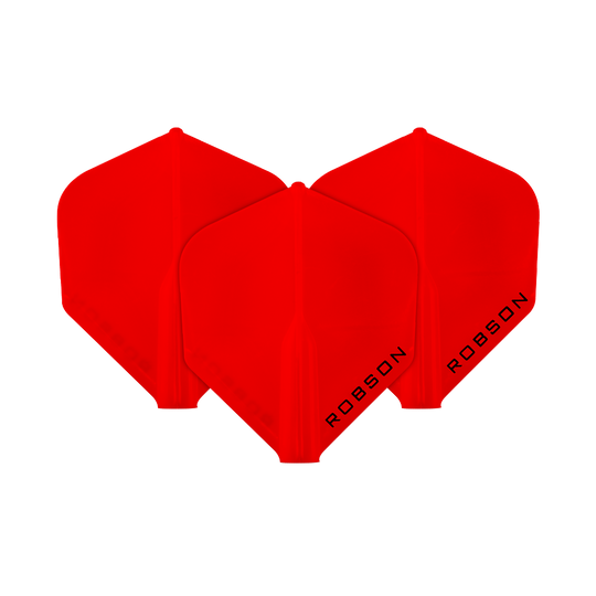 Das Bild zeigt drei rote Dart-Flights in Standardform. Auf jedem Flight steht das Wort "ROBSON" in schwarzer Schrift.