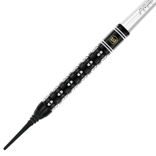 Das Bild zeigt einen Winmau Danny Noppert Freeze Edition Softdart mit einem Gewicht von 20 Gramm. Der Dart hat ein auffälliges schwarzes und silbernes Griffdesign mit feinen Rillen.