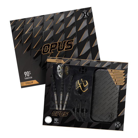 Harrow's Opus Quick Point steel darts Harrows Opus Quick Point Steeldarts - 23g. Es werden drei Steeldarts mit 23 Gramm aus der Harrows Opus Reihe dargestellt.
