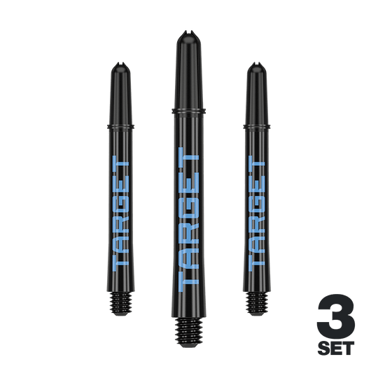 Target Pro Grip TAG Shafts - 3 Sets - Black Blue Das Bild zeigt drei schwarze Dartschäfte mit blauer "TARGET"-Aufschrift. In der rechten unteren Ecke steht "3 SET".