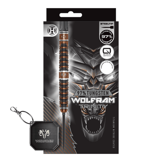 Zu sehen sind die Harrows Wolfram Trinity Quick Point Steeldarts. Sie eignen sich ideal für professionelle Dartspieler.