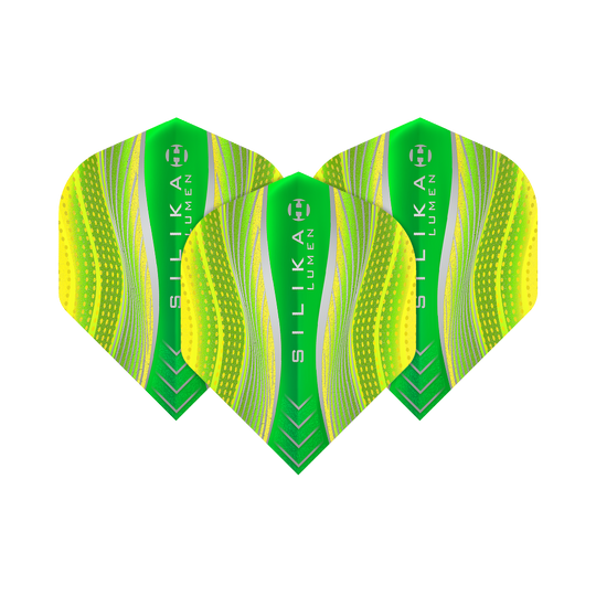 HR79_Harrows_Silika_Lumen_Yellow_No2_Standard_Flights_18NZkFnMYVnhmX Das Bild zeigt drei Harrows Silika Lumen Yellow No2 Standard Flights. Die Flights sind in leuchtenden Grün- und Gelbtönen mit modernen Mustern gestaltet.