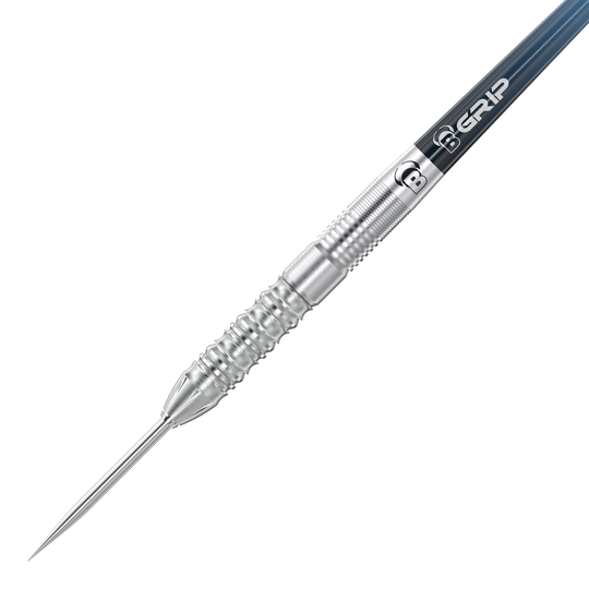 Bulls Stone S2 Steeldarts Das Bild zeigt einen Bulls Stone S2 Steeldart. Der Dart besteht aus silbernem Metall mit einer geriffelten Griffzone für besseren Halt.