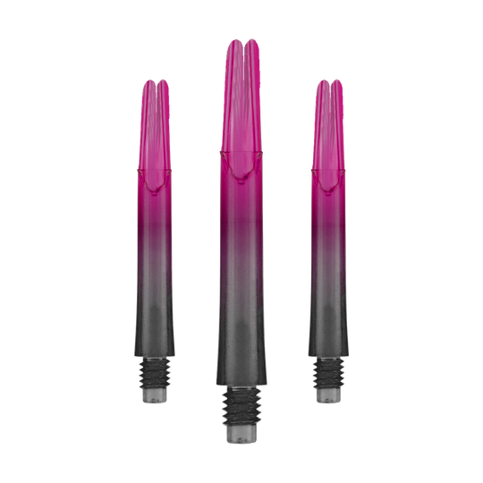 L-L-Style-Shaft Locked Straight Natural9 TwoTone Shafts - Pink Das Bild zeigt drei pink-schwarze Dartschäfte in gerader Form. Sie stehen aufrecht nebeneinander und haben Gewinde am unteren Ende.
