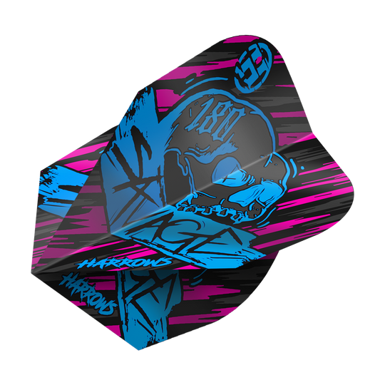 Das Bild zeigt das Produkt "Harrows Savage Aqua Pink No6 Flights". Das Design ist auffällig mit schwarzen, pinken und blauen Farben sowie einem Totenkopf-Motiv.