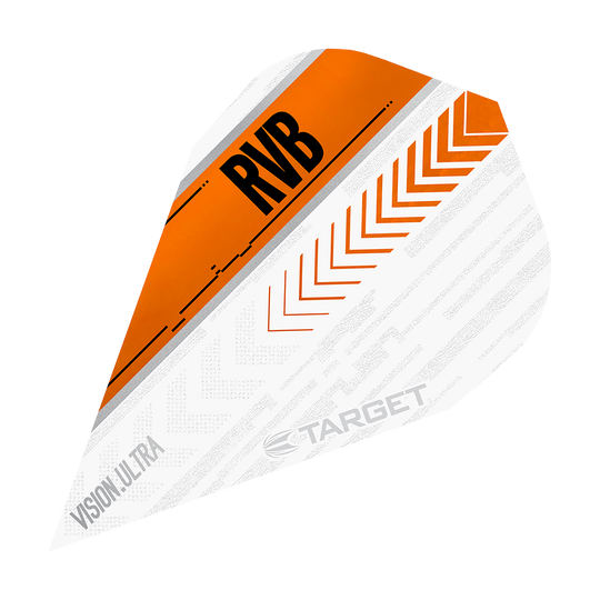 Das Bild zeigt ein Dartflight mit dem Namen "Target Vision Ultra RvB Orange Vapor Flights". Das Design ist überwiegend weiß mit orangen und schwarzen Akzenten sowie der Aufschrift "RVB".