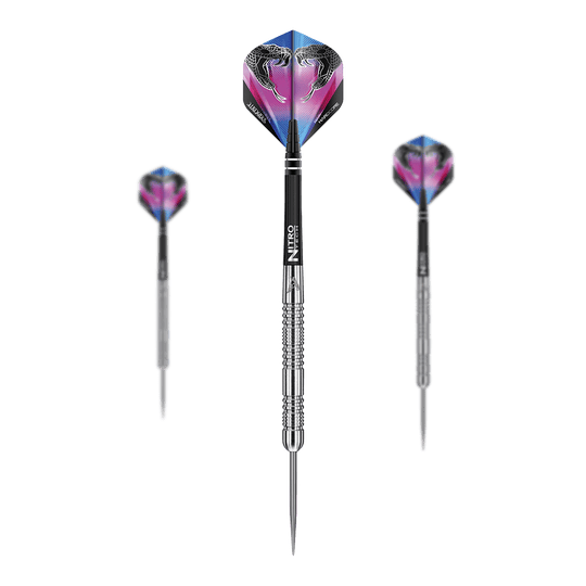 Red Dragon Peter Wright Snakebite Euro 11 steel darts Das Bild zeigt drei Steeldarts des Modells "Red Dragon Peter Wright Snakebite Euro 11". Die Flights der Darts sind farbenfroh gestaltet und zeigen zwei Schlangen.