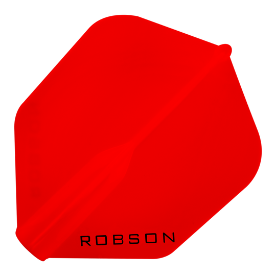 Das Bild zeigt einen roten Dart-Flight mit der Aufschrift "ROBSON". Der Flight hat eine sechseckige Form.