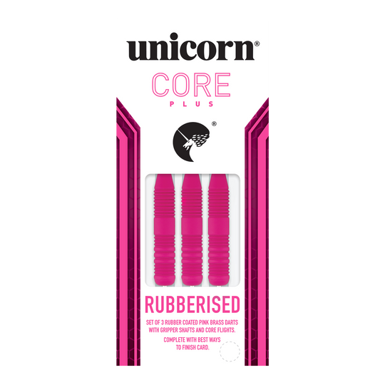 Unicorn Core Plus Rubberized Pink Steel Darts Das Bild zeigt eine Packung mit drei pinken, gummierten Steeldarts der Marke Unicorn Core Plus. Die Darts haben geriffelte Griffe und werden in einer weiß-pinken Verpackung präsentiert.