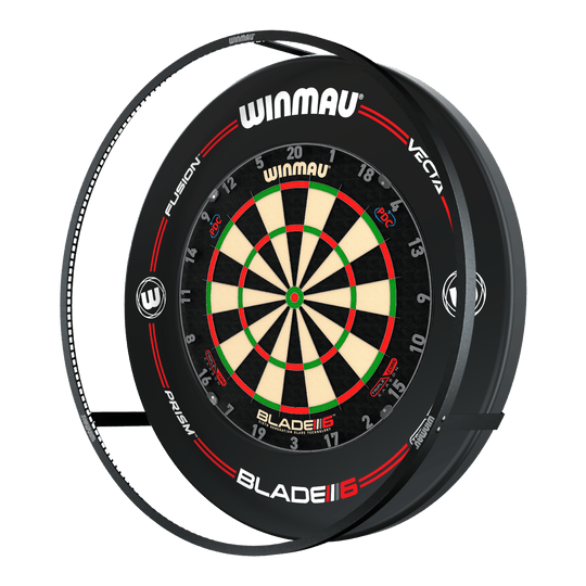 BUNDLE Winmau Plasma LED lighting and surround Das Bild zeigt das 'Winmau Plasma LED Beleuchtung und Surround Bundle' mit einer Dartscheibe. Um die Scheibe herum befindet sich eine LED-Beleuchtung und ein schwarzer Schutzring.