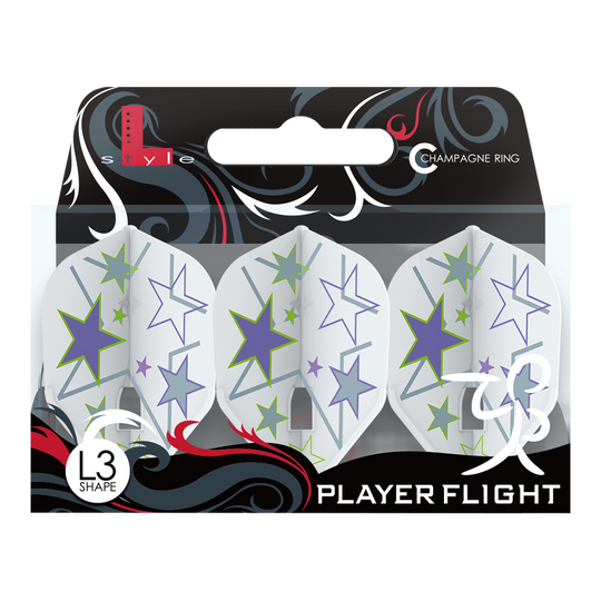 Das Bild zeigt eine Packung mit weißen L-Style Ryan Murray V1 L3PRO Flights. Die Flights sind mit bunten Sternen in Lila, Grün und Hellblau verziert.
