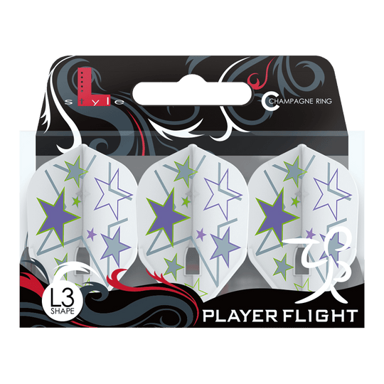 L-Style Ryan Murray V1 White L3PRO Flights Das Bild zeigt eine Packung mit weißen L-Style Ryan Murray V1 L3PRO Flights. Die Flights sind mit bunten Sternen in Lila, Grün und Hellblau verziert.