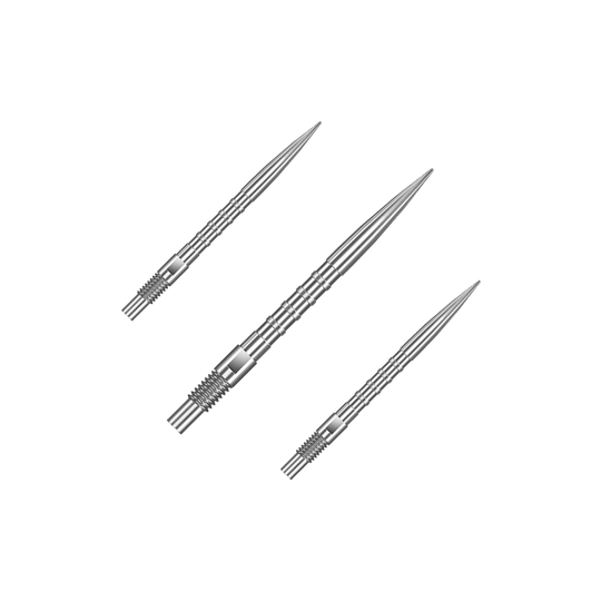 Harrows Quick Point Heavy Metal Dart Tips - Silver Das Bild zeigt ein Set von Harrows Quick Point Heavy Metal Grip Dartspitzen in Silber mit 26mm Länge. Es sind mehrere Dartspitzen auf dem Bild abgebildet.