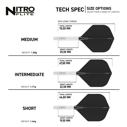 Das Bild zeigt die technischen Spezifikationen und Größenoptionen für das Produkt "Red Dragon Nitroflite - White Shaft Black No2 Flights". Es werden drei Längen (Medium, Intermediate, Short) mit jeweiligen Maßen und Gewichten dargestellt.