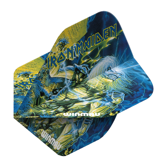 Das Bild zeigt die Winmau Iron Maiden Life After Death Standard Flights mit auffälligem Iron Maiden Coverdesign. Die Flights sind bunt gestaltet und tragen das Winmau-Logo.