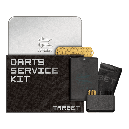 Zu sehen ist das Target Dart Servicing Kit. Dieses Set enthält verschiedene Werkzeuge und Zubehör zum Warten von Darts.