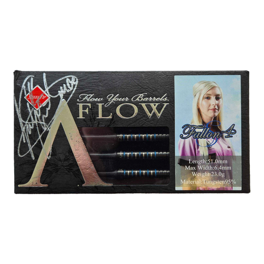 Auf dem Bild ist eine Packung Dynasty Fallon Sherrock 4 S AFlow BK Steeldarts mit Autogramm zu sehen. Auf der Verpackung sind die Darts, ein Bild von Fallon Sherrock und die technischen Daten abgebildet.