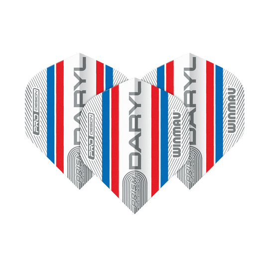 Auf dem Bild sind drei Dart-Flights des Modells "Winmau Alpha Daryl Gurney 85 Standard Flights" zu sehen. Sie sind weiß mit roten und blauen Streifen und tragen die Aufschrift "DARYL" und "WINMAU".