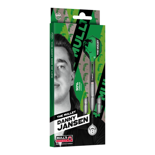 Das Produkt Bulls Danny Jansen G2 Steeldarts wird gezeigt. Das Bild veranschaulicht die Bauweise und Details des Steeldarts.