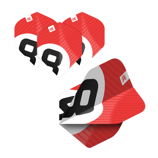 Das Bild zeigt fünf Sätze Target Pro Ultra Chicane No2 Standard Flights in auffälligem Rot-Weiß-Design. Die Flights sind mit einer großen schwarzen Zahl und dem Target-Logo versehen.