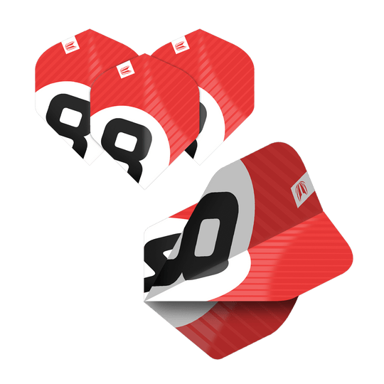 337204_Target_ProUltra_5Sets_Multipack_Chicane_No2_Standard_Flights_3xMnT0poDbZhfH Das Bild zeigt fünf Sätze Target Pro Ultra Chicane No2 Standard Flights in auffälligem Rot-Weiß-Design. Die Flights sind mit einer großen schwarzen Zahl und dem Target-Logo versehen.