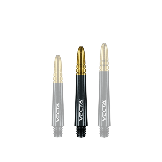 7025-409_Winmau_Vecta_Shafts_Schwarz_Gold_37mm_1 Auf dem Bild sind drei Dart-Schäfte in Schwarz-Gold zu sehen. Sie haben die Aufschrift "VECTA" und sind unterschiedlich lang.
