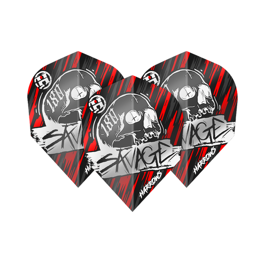 Das Bild zeigt die Harrows Savage Red Silver No6 Flights mit einem auffälligen Totenkopf-Design. Die Flights sind in den Farben Rot, Schwarz und Silber gehalten und tragen den Schriftzug „Savage“.