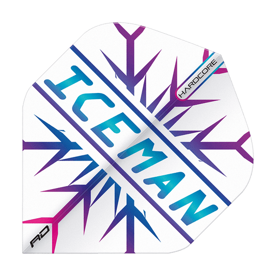 Dieses Bild zeigt ein Dartflight mit einem auffälligen Schneeflocken-Design in Blau und Lila. In der Mitte steht das Wort "ICEMAN" und in der Ecke ist das Wort "HARDCORE" zu sehen.